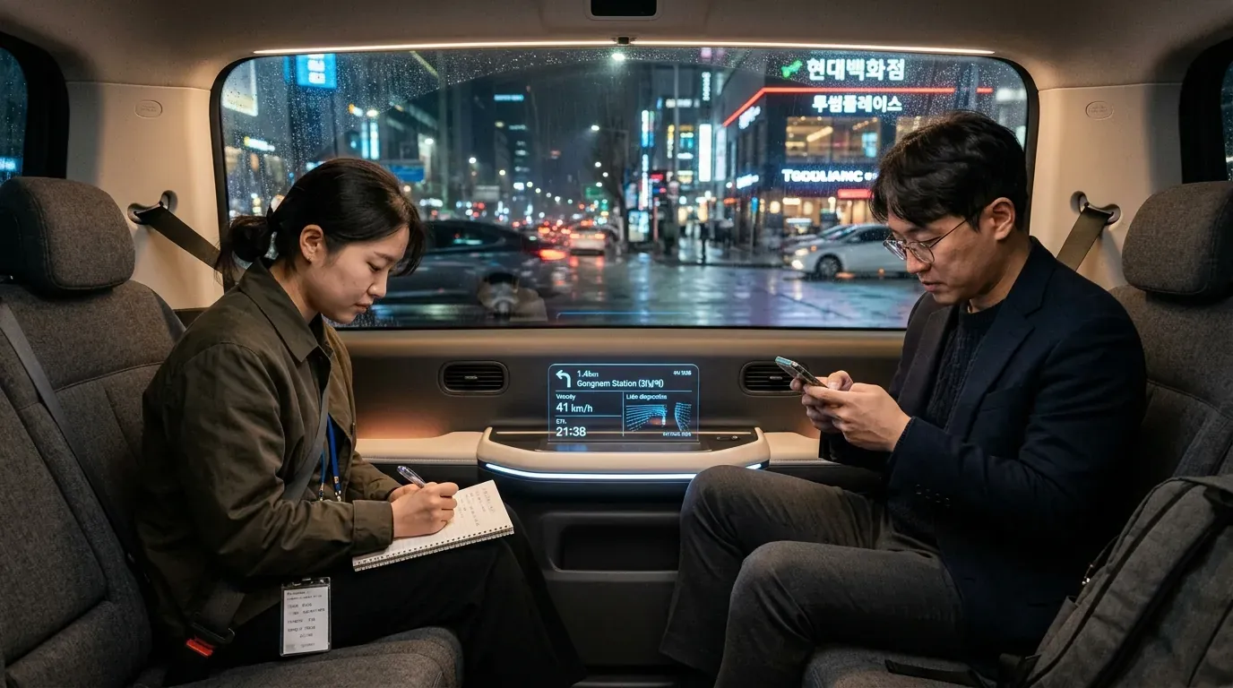 2028년 서울 강남을 달리는 무인 로보택시 S-Pod 실내에서 마주 앉아 대화하는 승객들과 투명 OLED 주행 디스플레이를 담은 다큐멘터리 사진